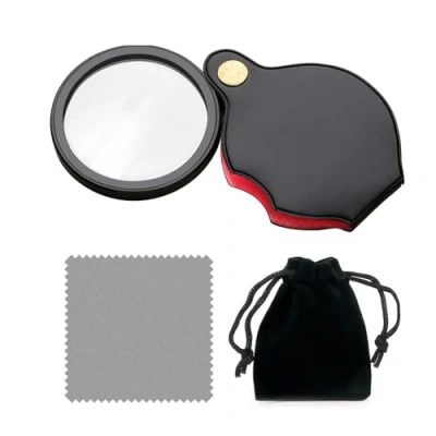 Imagen de PFLYPF lupa de 5 capas, 1 paño limpieza y bolsa almacenamiento, mini bolsillo, giratoria plegable con funda piel protectora, adecuada para leer, pasatiempos.