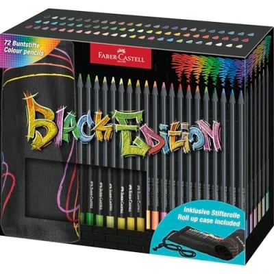 Imagen de Faber Castell 116418 Juego de lápices colores con rollo, 72 Black Edition, incluye metálicos y neón