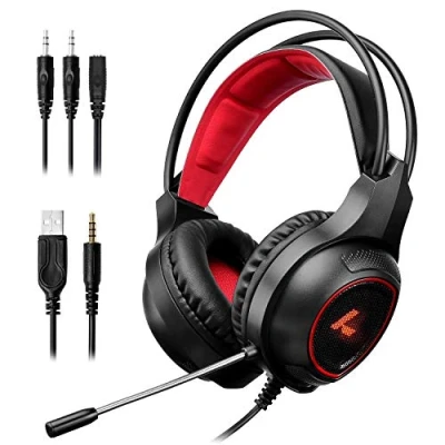 Imagen de LYCANDER Auriculares de diadema con luz LED y micrófono, cascos cable, entrada 3.5mm (para PC, PS4, Xbox One, Nintendo Switch más), Esencial Negro/Rojo