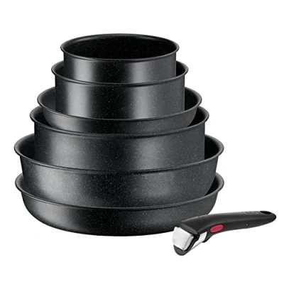 Imagen de Tefal Ingenio Batería de cocina (7 piezas, inducción, revestimiento antiadherente, apilable, ahorro espacio, indicador temperatura, cocción saludable, fabricado en Francia, Black Stone