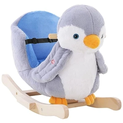 Imagen de HOMCOM Caballito Balancín para Bebés de +18 Meses Forma Pingüino Madera con Asas Cinturón Seguridad y Músicas Carga 40 kg 60x33x50 cm Gris