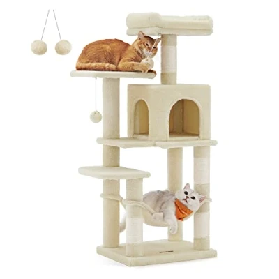 Imagen de Feandrea Rascador para Gatos, Árbol Altura 112 cm, Torre de con 4 Postes Rascadores, 2 Plataformas, 1 Cueva, Hamaca, Pompones, Tela Felpa, Multinivel, Beige PCT261M01