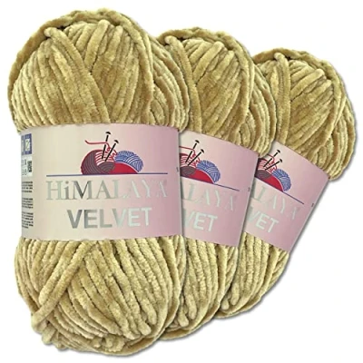 Imagen de Wohnkult Himalaya 3 x 100 g Velvet Dolphin tejido de lana, 40 colores para elegir, hilo tejer chenilla, lana esponjosa, brillo, accesorio, ropa, mantas (90017, arenisca)