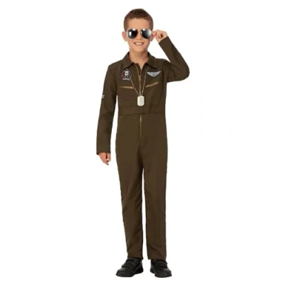 Imagen de Smiffys Disfraz de aviador Top Gun Maverick para niños, verde, con mono e insignias intercambiables