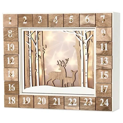 Imagen de BRUBAKER Calendario de Adviento Madera Reutilizable para Rellenar Paisaje Invierno Blanco con iluminación LED Navidad DIY 35.5 x 6 27 cm