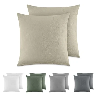 Imagen de Dreamzie Funda Almohada 40x40 cm (Juego de 2), 100% Algodón Lavado Color Beige, Aspecto Lino y Transpirable, con Cremallera