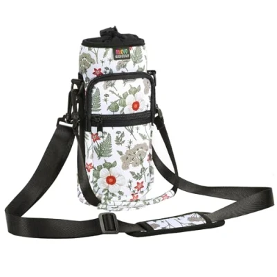 Imagen de Nuovoware Bolsillo de Botella Agua Portátil Neopreno 710ml, con Correa Hombro Anticaídas, Funda Impermeable Protectora para Viaje al Aire Libre Flor Blanca