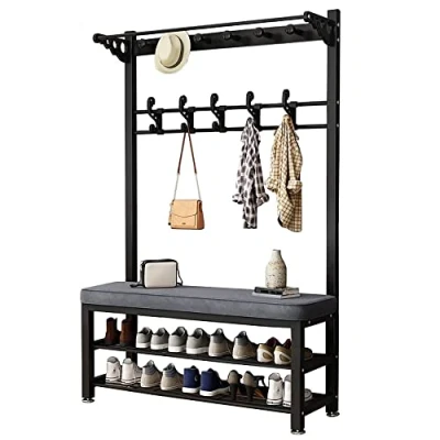 Imagen de Perchero con Zapatero, de Pie para Pasillo, Banco, Zapatero 9 Ganchos Extraíbles,Mueble Recibidores Entrada, Estructura Metálica, Blanco 100x32x172CM
