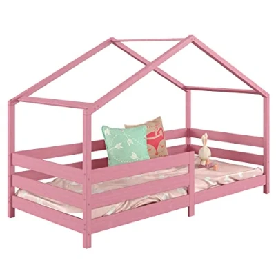 Imagen de IDIMEX cama Rena de pino macizo en color rosa, bonita Montessori con protección anticaídas, cuna estable 90 x 200 cm