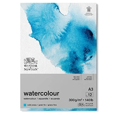 Imagen de Winsor &amp; Newton Papel de Acuarela Clásico, Grano Fino, 300gr, Mezcla 25% Algodón y Fibras Celulosa, Blanco Natural, Libre Ácidos, DIN A3, Bloc Encolado Por 1 Cara, 12 Hojas