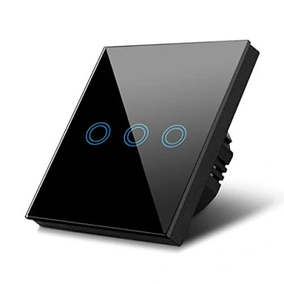 Imagen de Maclean Interruptor de luz táctil, Triple, Vidrio, Negro con botón Redondo Dimensiones 86x86 mm, iluminación Energy MCE705B