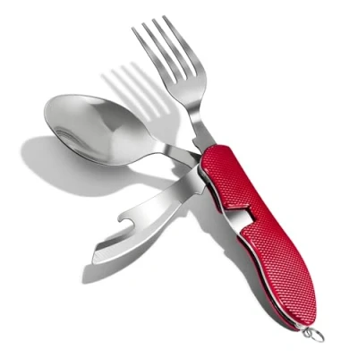 Imagen de ZIMAIC cubiertos de camping plegables, acero inoxidable, para camping, 4 en 1, abridor botellas, cuchillo, tenedor, cuchara, juego color rojo
