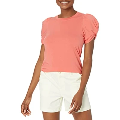 Imagen de Amazon Essentials Camiseta de Corte Clásico con Cuello Redondo y Mangas Fruncidas Mujer, Rosa Coral, S