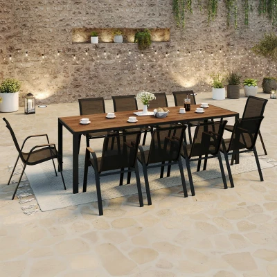 Imagen de Conjunto de muebles jardín NOUMEA Mesa efecto madera 240 cm y 10 sillas apilables negras