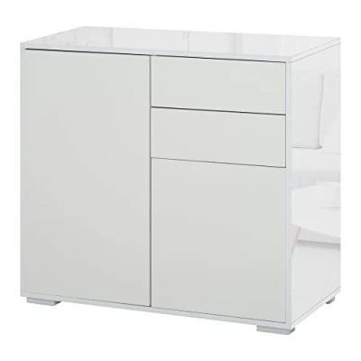 Imagen de HOMCOM Aparador para Cocina con 2 Puertas Cajones Marco de Blanco Brillante Estante Ajustable Apertura a Presión Armario Almacenamiento Dormitorio Salón 79x36x74 cm