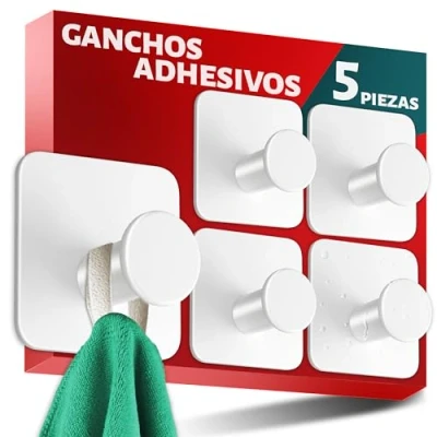 Imagen de Menz Toallero sin taladrar, juego de 5 unidades, elegantes ganchos blancos autoadhesivos con almohadillas adhesivas, modernos adhesivos ideales como pared, para toallas