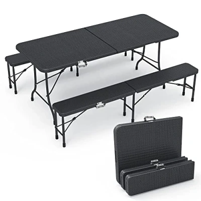 Imagen de VOUNOT Conjunto Plegable Mesa y 2 Bancos Plegables 180 cm Aspecto de Ratán, Set Muebles Jardín Exterior para Picnic Camping Parrillas, Negro