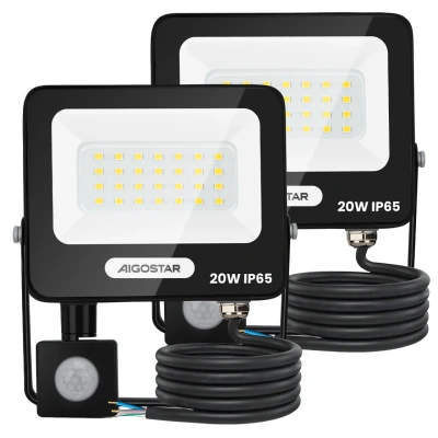 Imagen de Aigostar 20W Foco LED Exterior con Sensor Movimiento PIR，2 piezas，1650LM Super Brillo Proyector LED， IP65 Impermeable，Blanco Natural 4000K，Luz de Seguridad para Interior，Jardín，Patio，Garaje