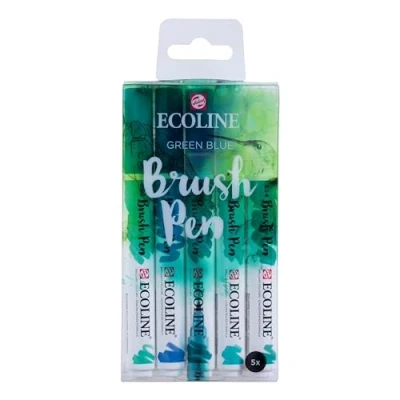Imagen de Ecoline Brush Pen Set de 5 Rotuladores Acuarela Líquida Tonos Azul Verdoso Mezclables para Rotulación a Mano, Dibujo y Manualidades