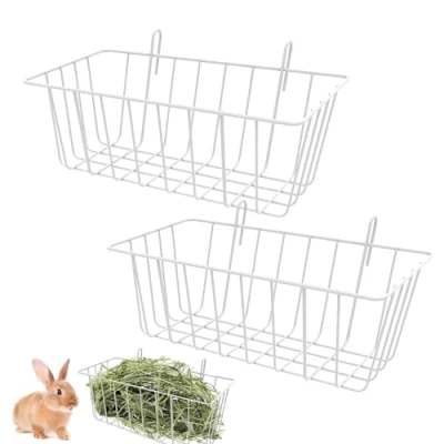 Imagen de Alimentador de heno comedero metal para conejos, cesta animales pequeños con ganchos, conejo, soporte hierba, heno, suministros alimentos, jaula