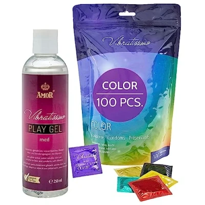 Imagen de VIBRATISSIMO condones Color paquete de 100 y lubricante 250ml I sensitivos extra húmedos preservativos colores multicolor rojo, negro, amarillo, verde, dorado