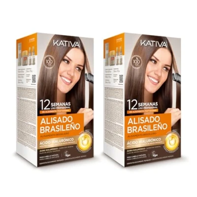 Imagen de Kativa Pack 2 Alisado Brasileño Nueva Fórmula con ácido hialurónico Tratamiento Profesional en casa Hasta 12 Semanas de duración Keratina vegana Fácil aplicar