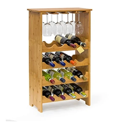 Imagen de Relaxdays 10013871 Botellero Vino de Bambú, 84 x 50 24 cm, Estante 16 Botellas y 12 Copas, 3 Niveles, Apilable, Marrón Natural, 24x50x84 cm