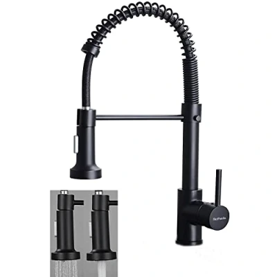 Imagen de grifo de cocina, fregadero con pulverizador extraíble, resorte, material cobre, modo dual giratorio y agua fría cabezal doble función, color negro mate