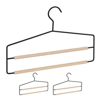 Imagen de Relaxdays Perchas Pantalones, Pack de 3, Doble Barra para Ahorrar Espacio, Antideslizantes, Madera Metal, Negro Marrón