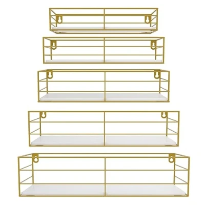 Imagen de HORLIMER Estanteria Pared de 5 Piezas con Varillas Metálicas Dorada y Tablero Madera Blanca, Baldas para Recibidores, Baño, Cocina, Salon, Oficina (Rectangular)