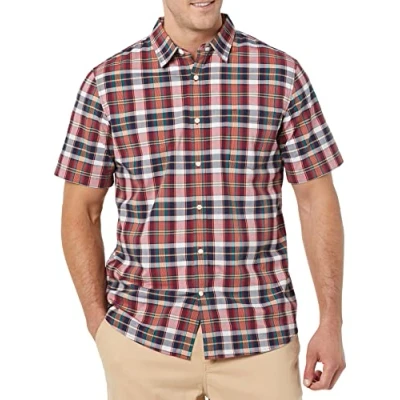 Imagen de Amazon Essentials Camisa de Popelín Manga Corta y Ajuste Entallado Hombre, Azul Marino Rojo Blanco Cuadros Escoceses, L