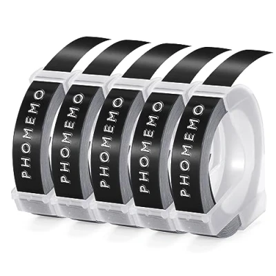 Imagen de Phomemo Cinta de Etiquetas 3D Auto Adhesive Compatible con Dymo Label Tape 9mm para Omega Junior Embossing Impresora(Blanco sobre Negro, 5 Paquete)