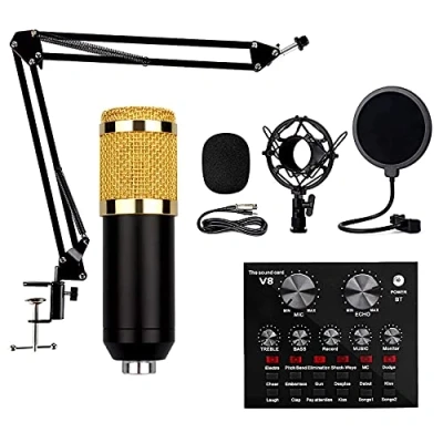 Imagen de SGSG Paquete de micrófono Condensador, Kit BM 800 con Tarjeta Sonido en Vivo, Brazo Tijera suspensión Ajustable, Soporte Choque Metal y Filtro Pop d