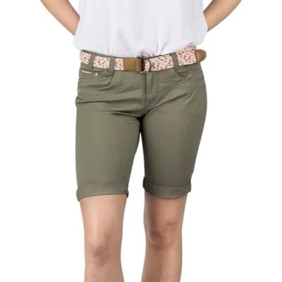 Imagen de DENIMFY Bermudas pantalones cortos para mujer con cinturón, corte regular, chinos, de verano, hasta la rodilla, elásticos, monocolor, blanco, beige, rosa, azul, oliva,