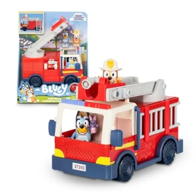 Imagen de Bluey Camión de Bomberos, vehiculo la perrita Azul, Incluye Figura articulada Bingo, muñecos articulados con Accesorios Manguera, Escalera, camión, Famosa (BLY68000)