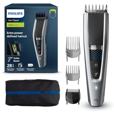 Imagen de Cortapelos Philips S5000 HC5630/15, 28 longitudes, 90 min autonomía sin cable, 3 cabezales, 2 para pelo y 1 barba, estuche