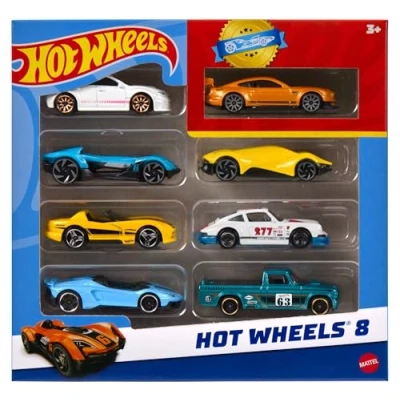 Imagen de Hot Wheels Conjunto de 8 coches y camiones juguete básicos a escala 1:64, incluye 1 coche exclusivo, diferentes estilos lanzados lo largo del año, los pueden variar, HPV78