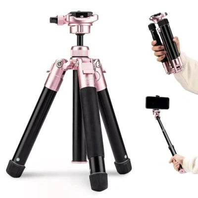 Imagen de Fotopro Mini trípode, trípode de viaje ligero y compacto 60 pulgadas con cabeza bola 360 grados, soporte para teléfono, palo selfie desmontable, teléfono cámara, carga máxima