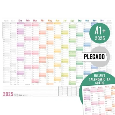 Imagen de Häfft® Calendario de pared XXL 2025 A1+ en español (63 x 89 cm) plegado «Arco Iris» + planificador anual A4 regalo, días festivos españoles sostenible y respetuoso con el clima