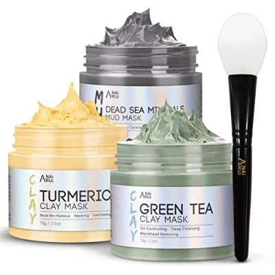 Imagen de ANAiRUi Mascarillas Faciales de Cúrcuma + Mascarilla Arcilla Té Verde barro del Mar Muerto Limpieza facial profunda, purificante, desintoxicante