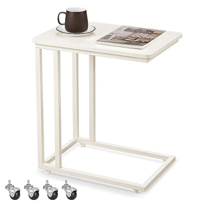 Imagen de VASAGLE Mesa Auxiliar de Estilo Moderno, Lateral con Ruedas y Pies Ajustables, para Dormitorio, Marco Acero, Fácil Montar, Blanco Crema LNT050W77