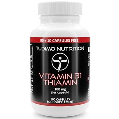 Imagen de Vitamina B1 Capsulas Tiamina 100 mg Cápsulas (3+ Meses de provisión) Desintegración Rápida, cada una con 100mg Polvo Vit Thiamine Mononitrate (Vitamin Thiamin Capsules)