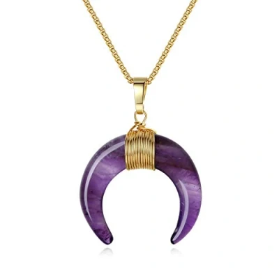 Imagen de COAI Collar para Mujer de Acero Inoxidable con Colgante Doble Cuerno Luna Creciente Amatista Piedra Natural Gema Preciosa