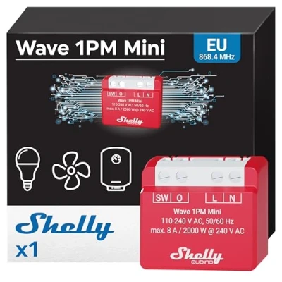 Imagen de Shelly Wave 1PM Mini, Módulo Relé Interruptor Z Wave, 1 Canal 8A, con Contador de consumo electrico, Control remoto, Necesita hub
