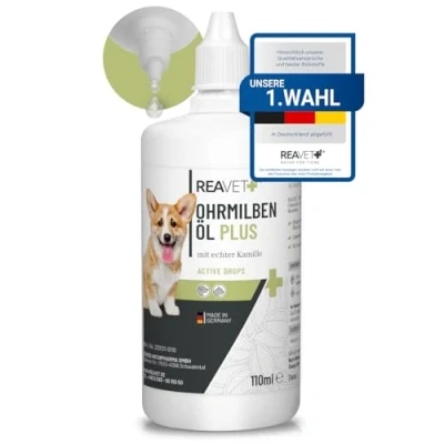 Imagen de ReaVET Aceite de ácaros del oído Plus 110 ml para perros inmediato eficaz contra los con manzanilla, cuidado suave picores en el oído, gotas oídos, ácaros, limpiador