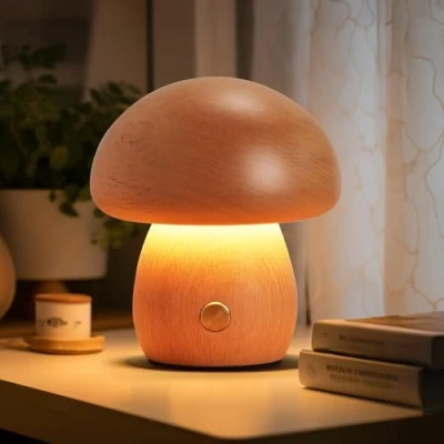 Imagen de Schindora Lamparas De Mesita Noche LED Portatil,Madera PequeñO Setas Luz Nocturna Infantil Sin Cable,USB 3W Dimmer,Bebe Lampara Mesa Para Dormir Decoracion Regalos