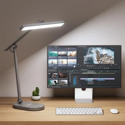 Imagen de Honeywell Lámpara de Escritorio LED H4 Flexo Escritorio, Mesa Regulable 14W con 3 Modos Color, 5 Niveles Brillo, Regulación Automática, Temporizador, Control Táctil para Lectura