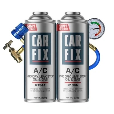 Imagen de gas refrigerante r134a para coche, kit recarga r134a, carga aire acondicionado coche 2 latas de 5en1 y manguera con manómetro, 235 g