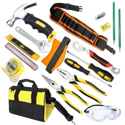 Imagen de QeeHeng 18 Kits de Herramientas básicos para Reales niños, Que Incluyen Bolsa martillos, Gafas Seguridad niños y niñas