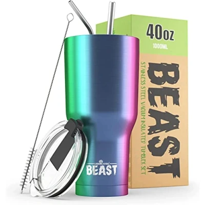 Imagen de Greens Steel BEAST Termo Café para Llevar 1050ml I Arco iris Taza Térmica de Acero Inoxidable Reusable Viajera Doble Pared al Vacío 2 Pajitas y Cepillo Limpieza